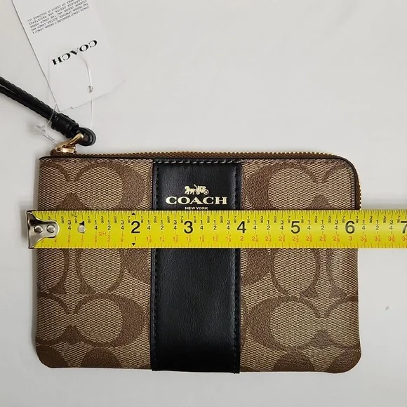 Coach Signature PVC Leather Zipper Khaki Black Small Wristlet